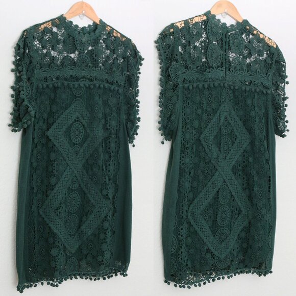 Tularosa Revolve Clayton Tunic Mini Dress L Hunter Green Pom Pom Trim Lace $210 - Picture 3 of 16